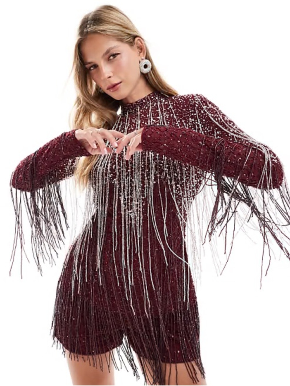 ASOS DESIGN Beaded Fringe Long-Sleeve open back romper - Burgundy